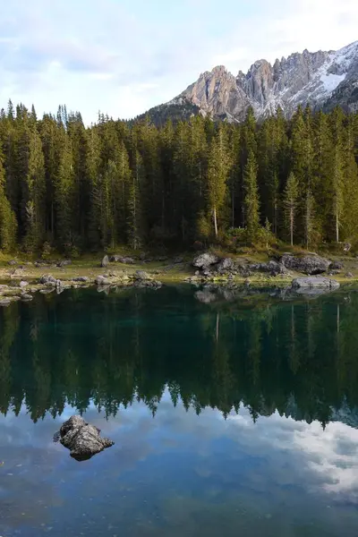 Puesta Sol Lago Carezza Trentino Alto Adigio Italia — Foto de Stock