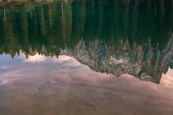 Puesta Sol Lago Carezza Trentino Alto Adigio Italia — Foto de Stock