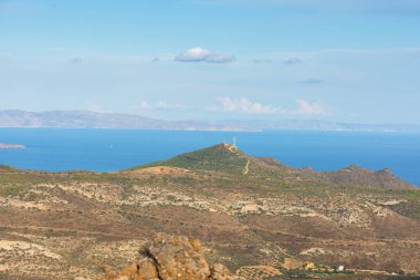 Yunanistan 'da gün batımında Keratea tepelerinden deniz manzarası