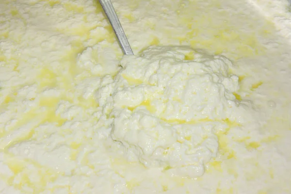 Phases Production Ricotta Dans Une Fromagerie Grèce — Photo