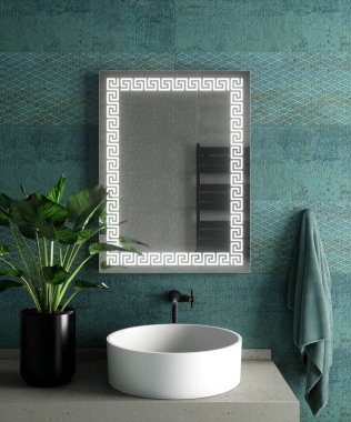 Modern bathroom interior with stylish illuminated mirror and sink. 3d rendering clipart