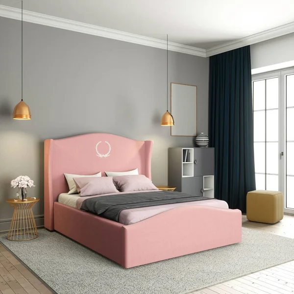 Dormitorio Con Cama Rosa Renderizado — Foto de Stock