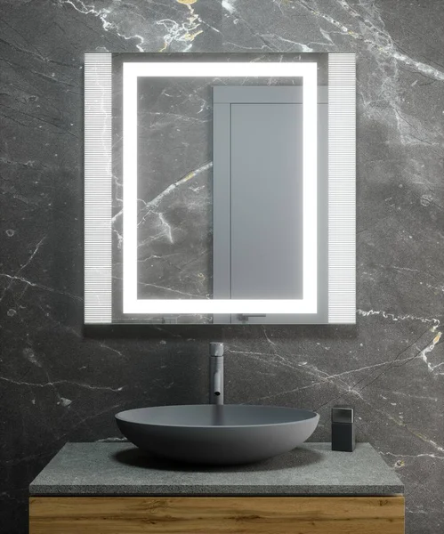 Interior Del Baño Moderno Con Elegante Espejo Iluminado Lavabo Renderizado — Foto de Stock