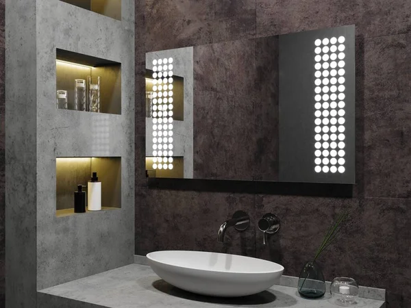 Interior Del Baño Moderno Con Elegante Espejo Iluminado Lavabo Renderizado — Foto de Stock