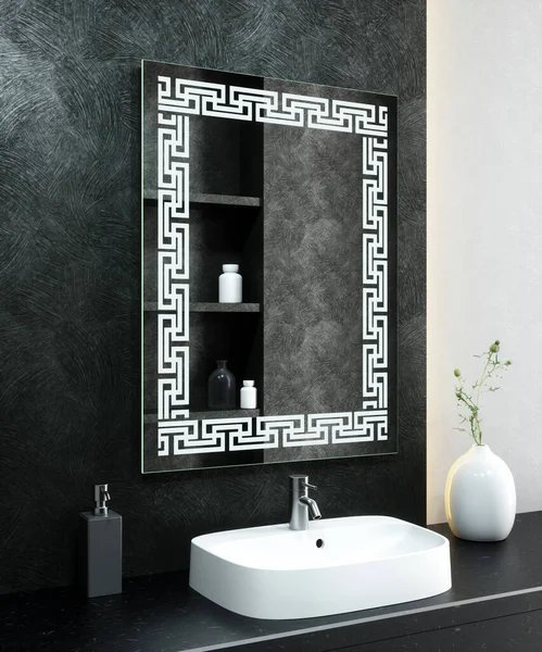 Interior Banheiro Moderno Com Espelho Iluminado Elegante Pia Renderização — Fotografia de Stock