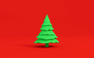 Üç boyutlu Noel ağacı. Düşük çokgen kış. İklim değişikliği ve hava durumu. Noel ağacı olan bir ormanın 3 boyutlu canlandırması