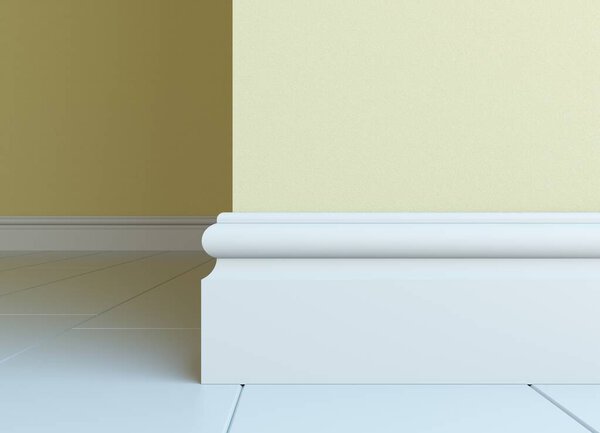 Белая плинтус в интерьере. 3D рендеринг части интерьера. Пэйн Мбаппе