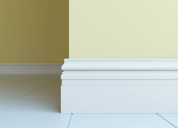 Белая плинтус в интерьере. 3D рендеринг части интерьера. Пэйн Мбаппе