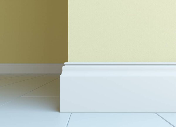 Белая плинтус в интерьере. 3D рендеринг части интерьера. Пэйн Мбаппе