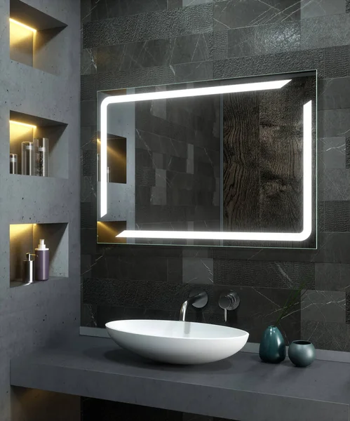 Interior Del Baño Moderno Con Elegante Espejo Iluminado Lavabo Renderizado — Foto de Stock