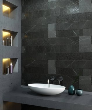 Banyo içinde ayna ya da komodin için yer var. 3 boyutlu görüntüleme. Lavabonun üstündeki boşluk.