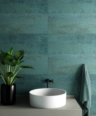 Banyo içinde ayna ya da komodin için yer var. 3 boyutlu görüntüleme. Lavabonun üstündeki boşluk.