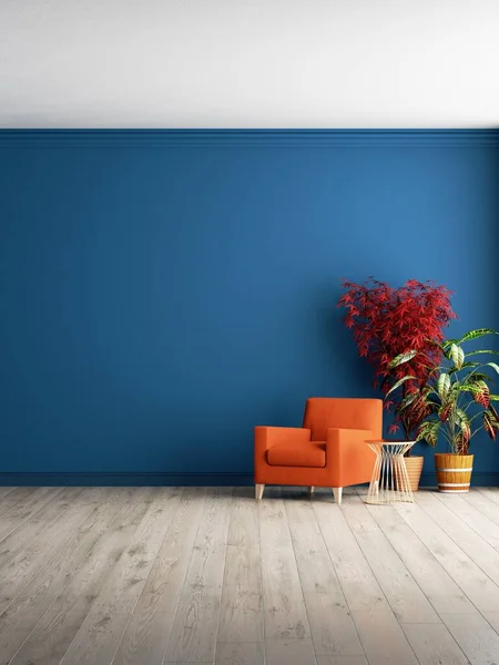 Renderowanie Niebieski Salon Rośliny Pod Niebieską Ścianą Pomarańczowy Fotel Niebieskim — Zdjęcie stockowe