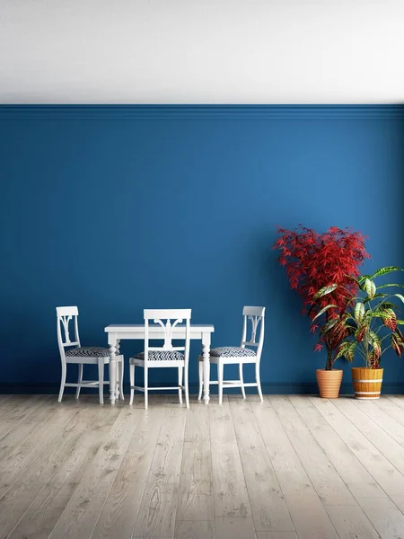 Rendement Intérieur Bleu Plantes Contre Mur Bleu Table Manger Intérieure — Photo