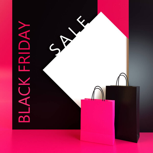 3d rendering. Black Friday. Banner with 3D inscription. Bright background clearance sale combination of black and pink. Stylish poster.