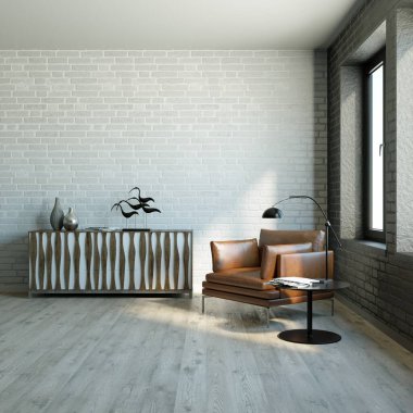 3D görüntüleme. İç kısımda kahverengi koltuk. İçi boş tuğla duvar ve çekmecelerle dolu..