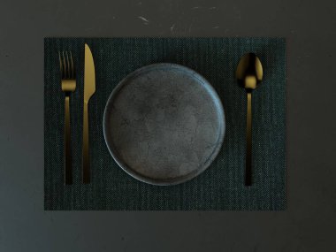 3 boyutlu görüntüleme. Koyu bir arkaplanda sunum için bir takım gereçler. Masa ayarı. Tabak tasarımı. Restoran sanatı.