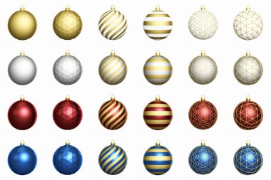 Yeni yıl. Beyaz arka planda izole edilmiş Noel topları. 3 boyutlu görüntüleme. Noel kartı. Farklı renkte Noel topları..