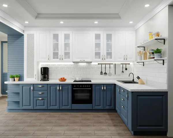 Kitchen in a modern style. Kitchen interior white top, blue bottom. Apron made of tiles for white brick. Corner work area, the kitchen has a coffee maker, dishes. 3d rendering.