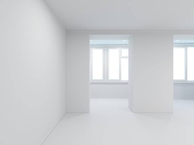 İçi boş, dokusu ve mobilyası yok. İç mekan henüz bitmedi. Yaratıcılık için bir odanın 3D canlandırması.