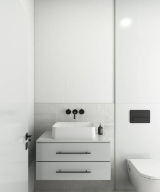 Banyo içinde ayna ya da komodin için yer var. 3 boyutlu görüntüleme. Lavabonun üstündeki boşluk.