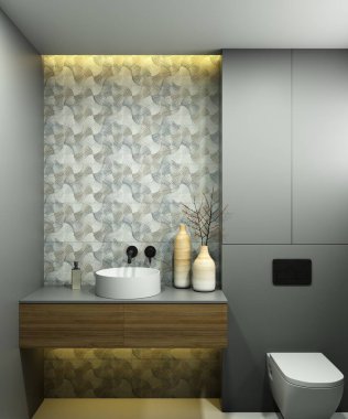 Banyo içinde ayna ya da komodin için yer var. 3 boyutlu görüntüleme. Lavabonun üstündeki boşluk.