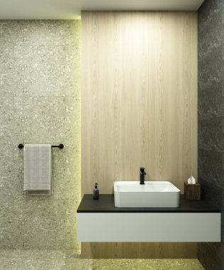 Banyo içinde ayna ya da komodin için yer var. 3 boyutlu görüntüleme. Lavabonun üstündeki boşluk.