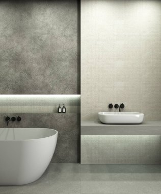 Banyo içinde ayna ya da komodin için yer var. 3 boyutlu görüntüleme. Lavabonun üstündeki boşluk.