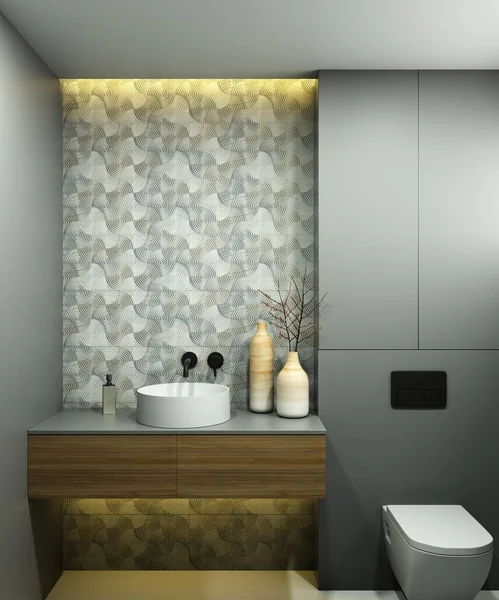 Banyo içinde ayna ya da komodin için yer var. 3 boyutlu görüntüleme. Lavabonun üstündeki boşluk.