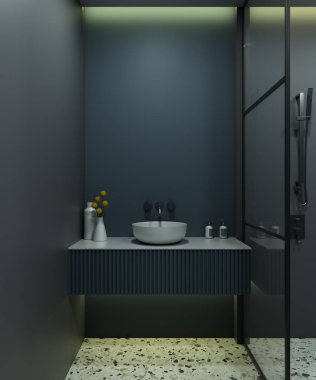 Banyo içinde ayna ya da komodin için yer var. 3 boyutlu görüntüleme. Lavabonun üstündeki boşluk.