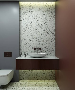 Banyo içinde ayna ya da komodin için yer var. 3 boyutlu görüntüleme. Lavabonun üstündeki boşluk.