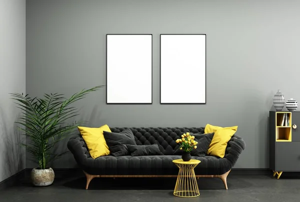 Bright Living Room Interior Gray Room Yellow Elements Empty Frame — Foto de Stock