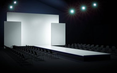 Mankenleri göstermek için podyum. Moda gösterisi için arka planda beyaz çizgiler var. Kıyafet koleksiyonuna bak. 3d oluşturma