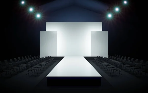 Podium Showing Fashion Models Blank White Stripe Backlit Fashion Show — Stock Photo, Image