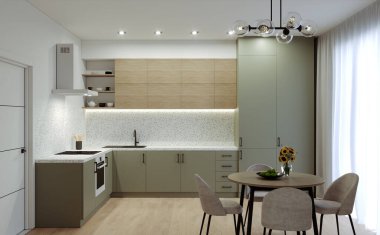 Pastel renkte modern mutfak. Mutfak mobilyası tasarımı. Mutfağın arka planında yemek masası..