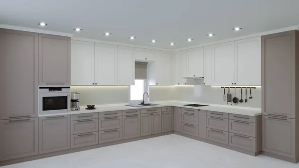 Large stylish kitchen with coffee and milk color. Modern design of kitchen furniture. Cozy luxury kitchen. 3d rendering