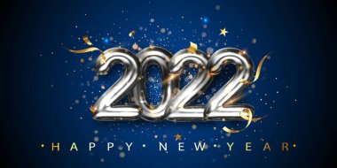 Yeni yıl 2022. Üzerinde tarih ve simli altın konfeti olan tebrik kartı koyu mavi arka planda. Gümüş metalik sayılar Vektör çizimi. EPS 10