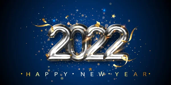 Yeni yıl 2022. Üzerinde tarih ve simli altın konfeti olan tebrik kartı koyu mavi arka planda. Gümüş metalik sayılar Vektör çizimi. EPS 10