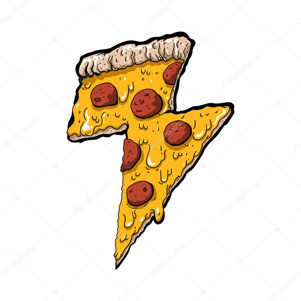 Thunder cheesy pizza slice sticker vector illustration isolated on white background