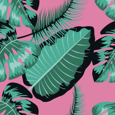 Tropik yeşil vektör pembe arka planda pürüzsüz bir iz bırakır. Egzotik duvar kağıdı