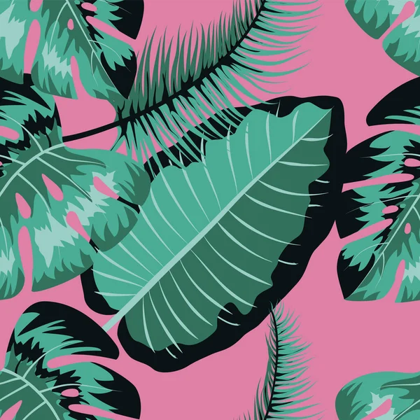 Tropik yeşil vektör pembe arka planda pürüzsüz bir iz bırakır. Egzotik duvar kağıdı