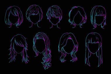 Kadın moda saç modelleri koleksiyonu. Parlak neon rengi. El çizimi vektör çizgisi çizimleri siyah arkaplanda izole edilmiş. EPS 10