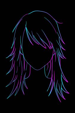 Kadın saç stili. Parlak neon rengi. El çizimi vektör çizgisi çizimi siyah arkaplanda izole edildi.