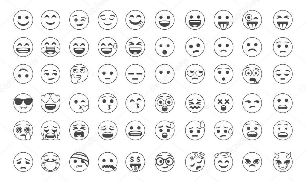 Emoticons big set. Faces collection flat style. Line smiley face - stock vector
