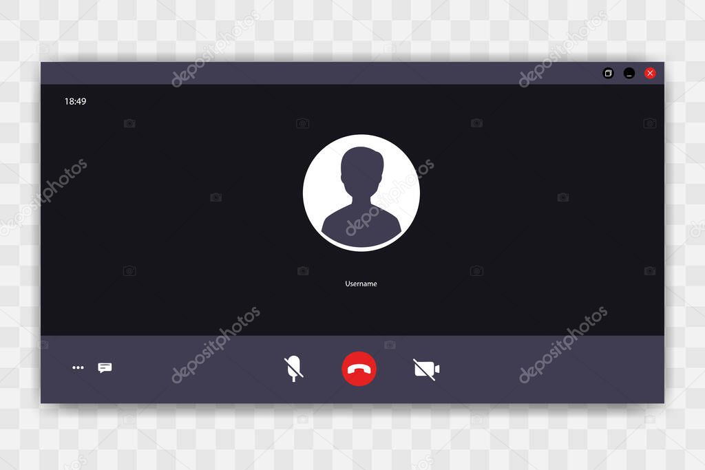 Video Call screen template. Videocall interface. Online webinar or video conference screen ui, video call realistic mockup.  Concept video chat interface template isolated on background. Vector EPS 10