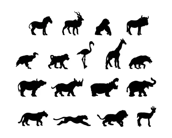 Set Silhouette Standing African Animals Side View Collection Various Animals — Stock Vector