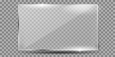 Şeffaf arka planda cam plaka. Işık ve parıltılı akrilik ve cam dokular. Dikdörtgen çerçevede gerçekçi şeffaf cam pencere. Vektör