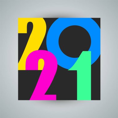 2021 Mutlu Yıllar posterinin yaratıcı konsepti. Kutlama ve sezon dekorasyonu için tipografi logosu 2021 ile tasarım şablonu. Markalaşma, afiş, kapak, kart için minimal modaName.