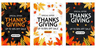 Sonbahar yaprakları illüstrasyonlu Şükran Günü afişi seti. 