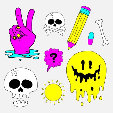 Cadılar Bayramı için bir dizi el çizimi. Parlak renkler, modern tarz. Arka planda izole edilmiş asit etiketleri vektör illüstrasyonu.